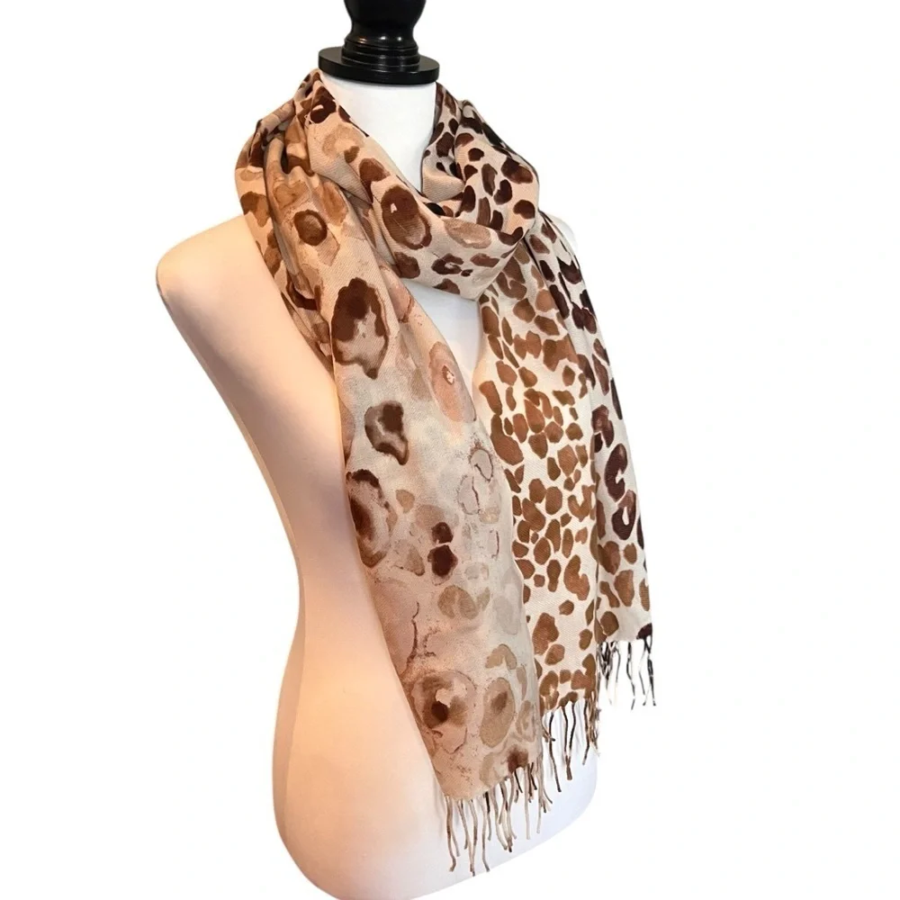 Leopard Print Fringe Scarf Wrap Shawl Neutral Tan Brown Animal Print